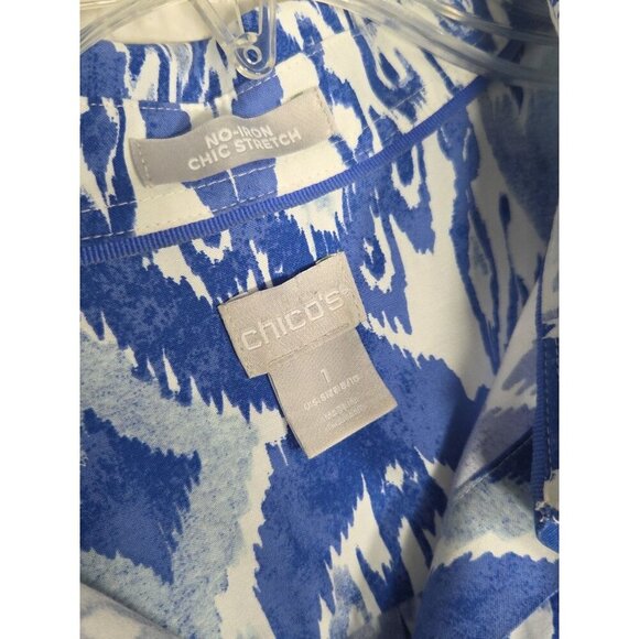 Chico’s Women’s 1 (Medium) Button Down No Iron Stretch Blue White 3/4 Sleeve - Picture 2 of 4